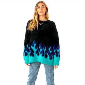 Adika Slow Burn Black and Turquoise Blue Flame Crewneck Oversized Sweater